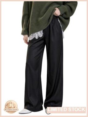 Satin Silk Wide Leg Dress Pants Low Rise Baggy Pull On Trousers